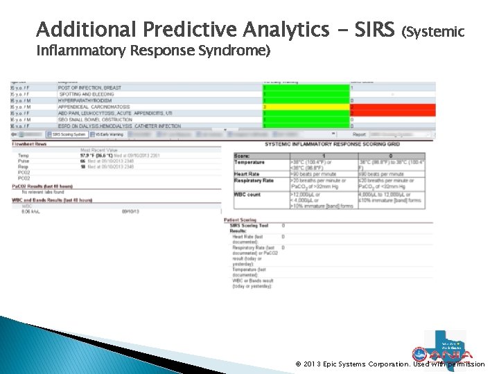 Additional Predictive Analytics - SIRS Inflammatory Response Syndrome) (Systemic © 2013 Epic Systems Corporation. Additional Predictive Analytics - SIRS Inflammatory Response Syndrome) (Systemic © 2013 Epic Systems Corporation.