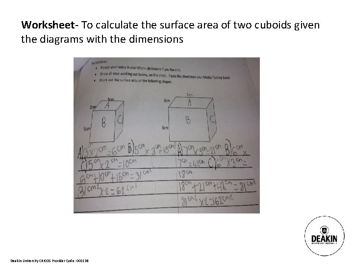 Worksheet- To calculate the surface area of two cuboids given the diagrams with the