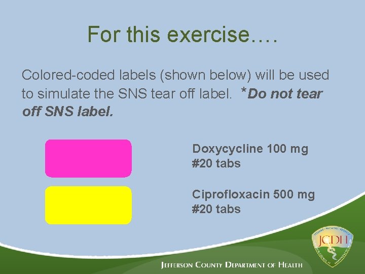 For this exercise…. Colored-coded labels (shown below) will be used to simulate the SNS