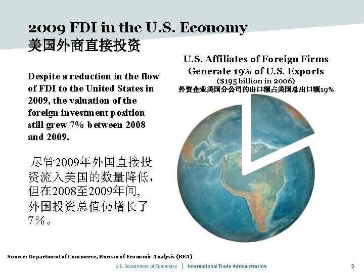 2009 FDI in the U. S. Economy 美国外商直接投资 Despite a reduction in the flow