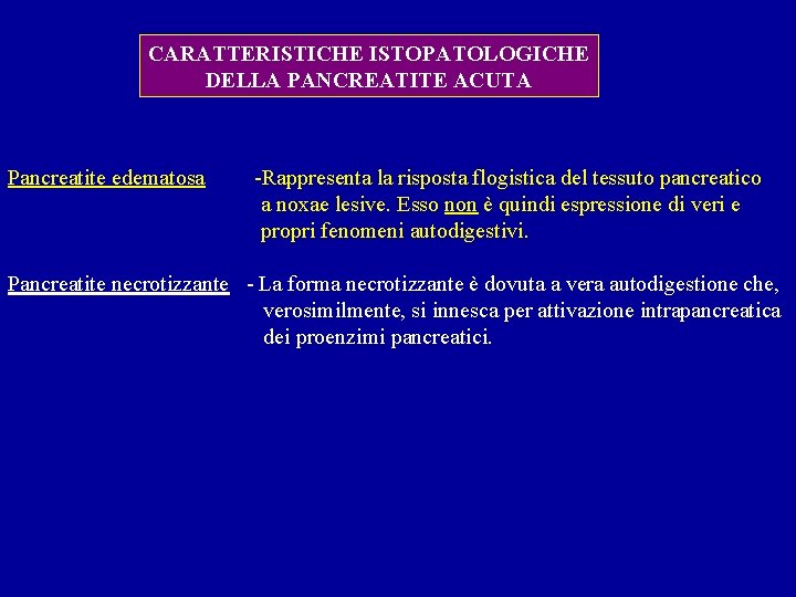 CARATTERISTICHE ISTOPATOLOGICHE DELLA PANCREATITE ACUTA Pancreatite edematosa -Rappresenta la risposta flogistica del tessuto pancreatico CARATTERISTICHE ISTOPATOLOGICHE DELLA PANCREATITE ACUTA Pancreatite edematosa -Rappresenta la risposta flogistica del tessuto pancreatico