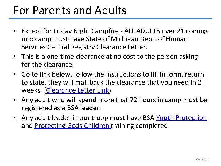 For Parents and Adults • Except for Friday Night Campfire - ALL ADULTS over For Parents and Adults • Except for Friday Night Campfire - ALL ADULTS over