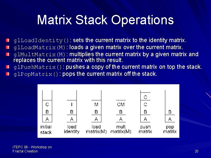 Matrix Stack Operations gl. Load. Identity(): sets the current matrix to the identity matrix.