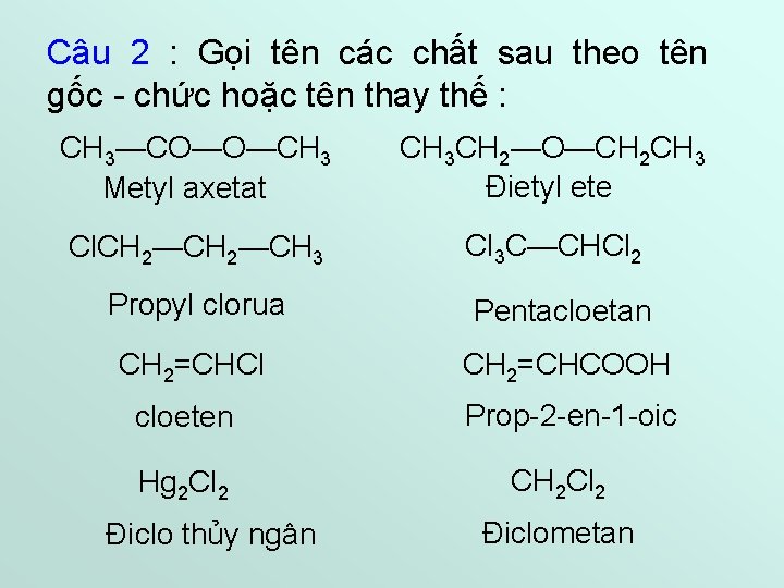 Câu 2 : Gọi tên các chất sau theo tên gốc - chức hoặc