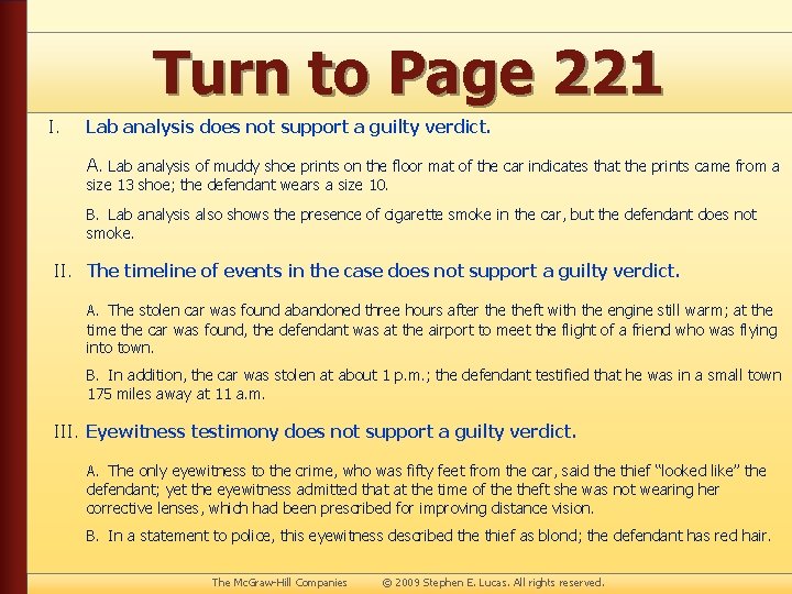 Turn to Page 221 I. Lab analysis does not support a guilty verdict. A.