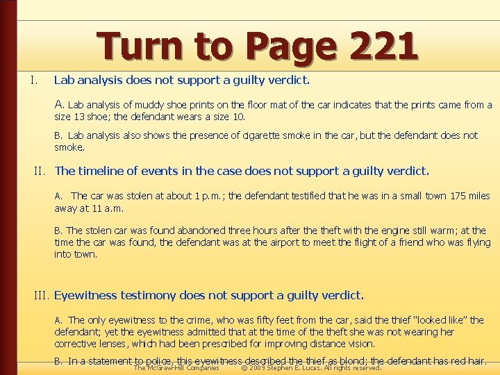 Turn to Page 221 I. Lab analysis does not support a guilty verdict. A.