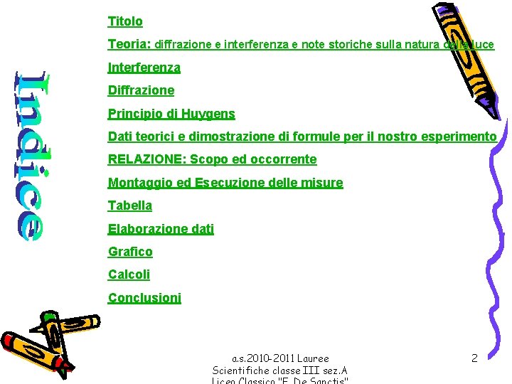 Titolo Teoria: diffrazione e interferenza e note storiche sulla natura della luce Interferenza Diffrazione