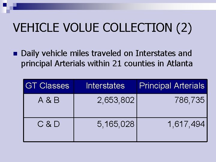 VEHICLE VOLUE COLLECTION (2) n Daily vehicle miles traveled on Interstates and principal Arterials