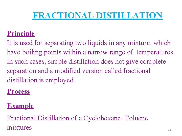 FRACTIONAL DISTILLATION Principle It is used for separating two liquids in any mixture, which