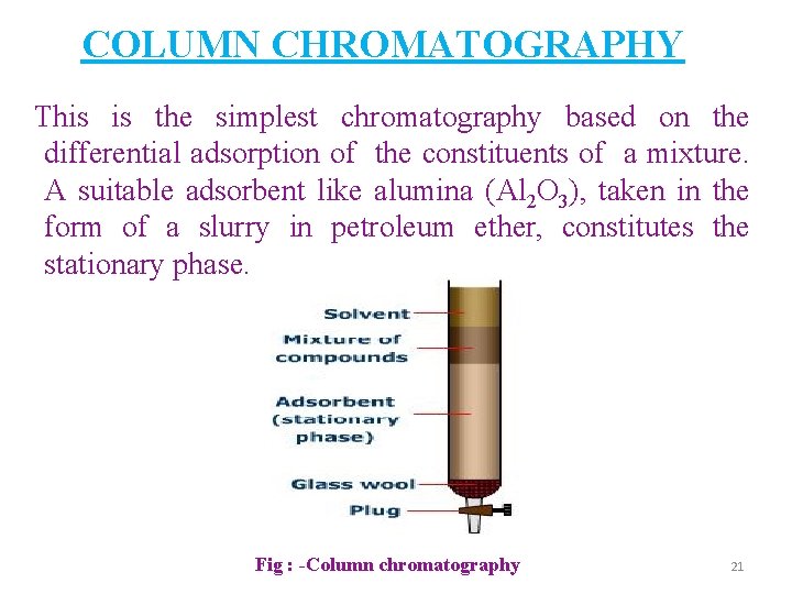 COLUMN CHROMATOGRAPHY This is the simplest chromatography based on the differential adsorption of the