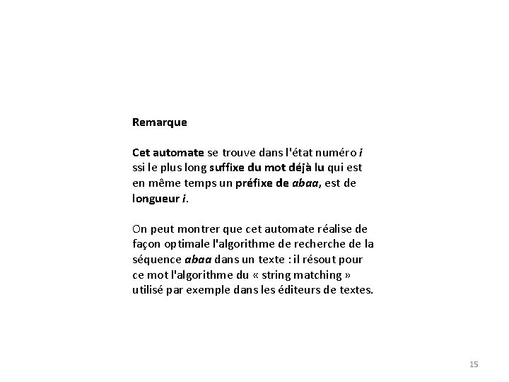 Remarque Cet automate se trouve dans l'état numéro i ssi le plus long suffixe