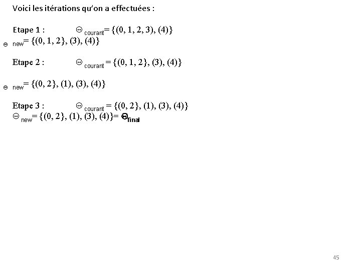 Voici les itérations qu’on a effectuées : Etape 1 : courant= {(0, 1, 2,