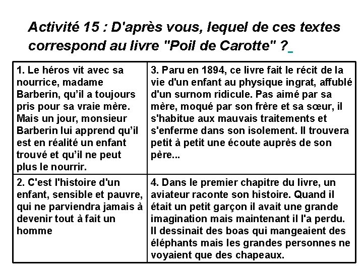 Activité 15 : D'après vous, lequel de ces textes correspond au livre "Poil de