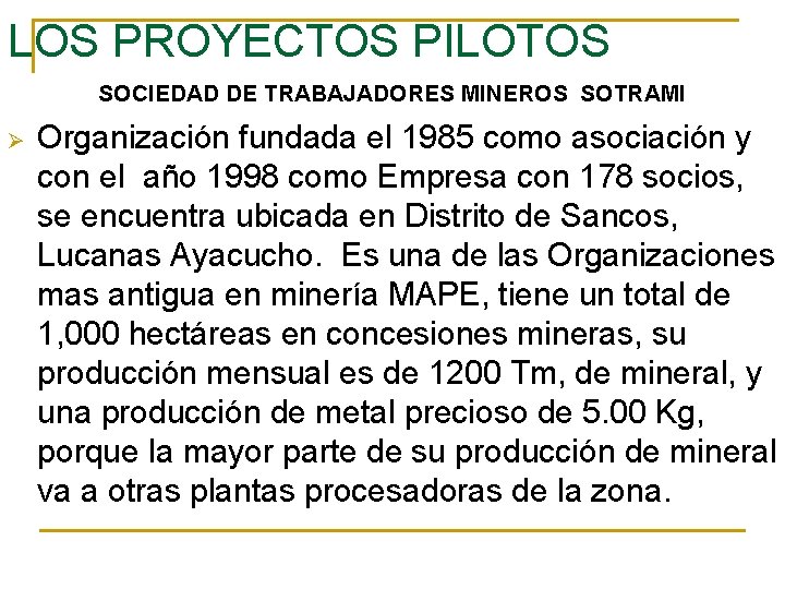 LOS PROYECTOS PILOTOS SOCIEDAD DE TRABAJADORES MINEROS SOTRAMI Ø Organización fundada el 1985 como