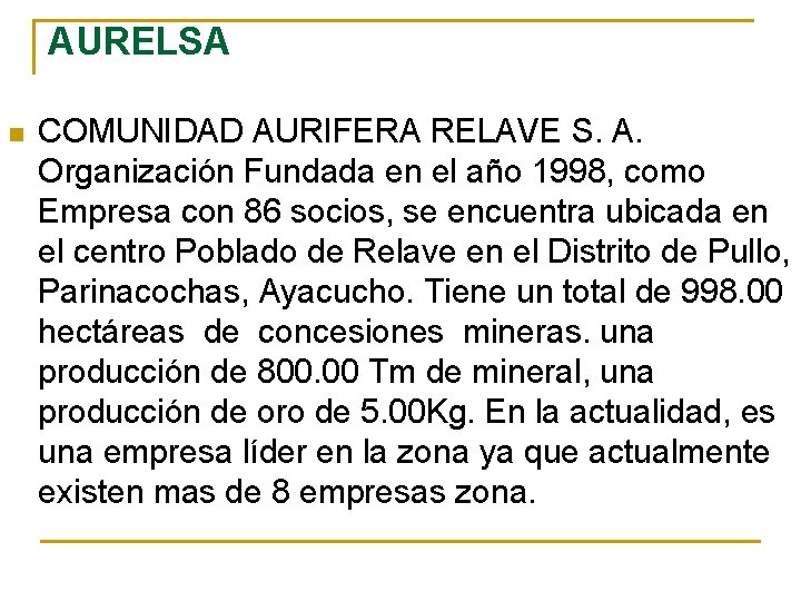 AURELSA n COMUNIDAD AURIFERA RELAVE S. A. Organización Fundada en el año 1998, como