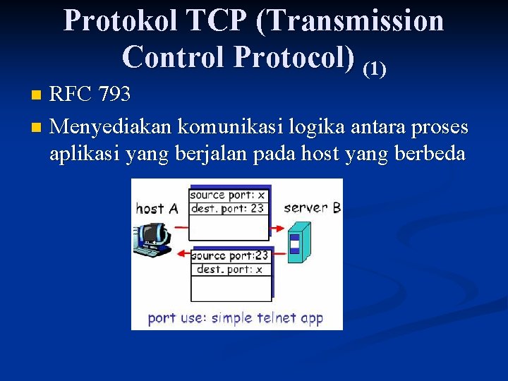 Protokol TCP (Transmission Control Protocol) (1) RFC 793 n Menyediakan komunikasi logika antara proses