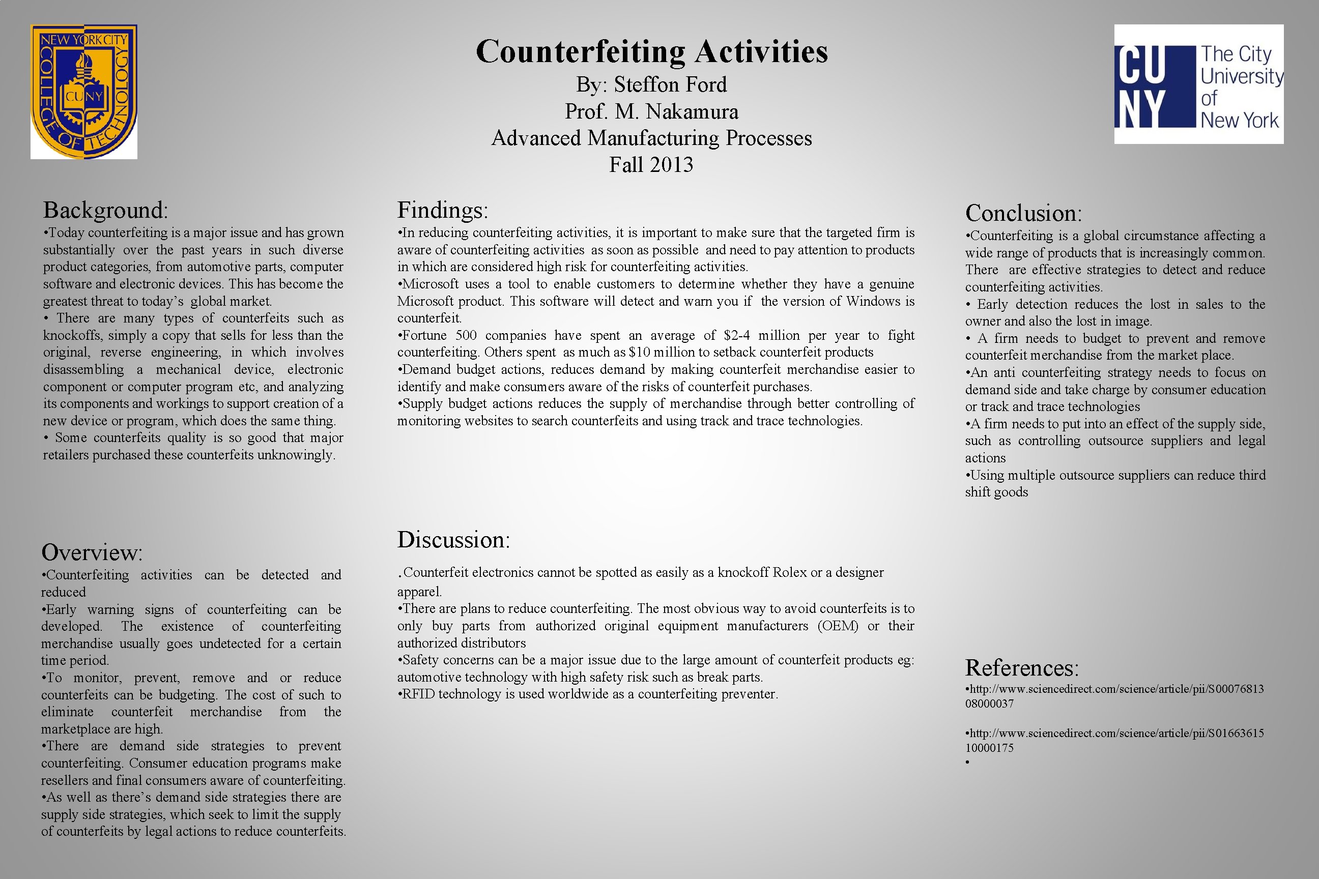 Counterfeiting Activities By: Steffon Ford Prof. M. Nakamura Advanced Manufacturing Processes Fall 2013 Background: