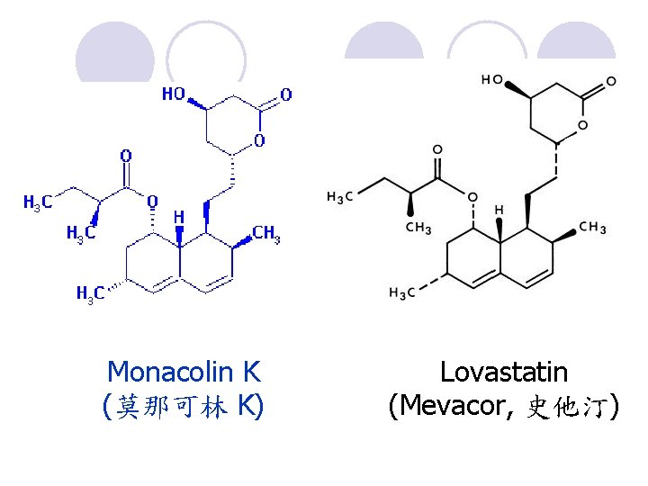 Monacolin K (莫那可林 K) Lovastatin (Mevacor, 史他汀) 