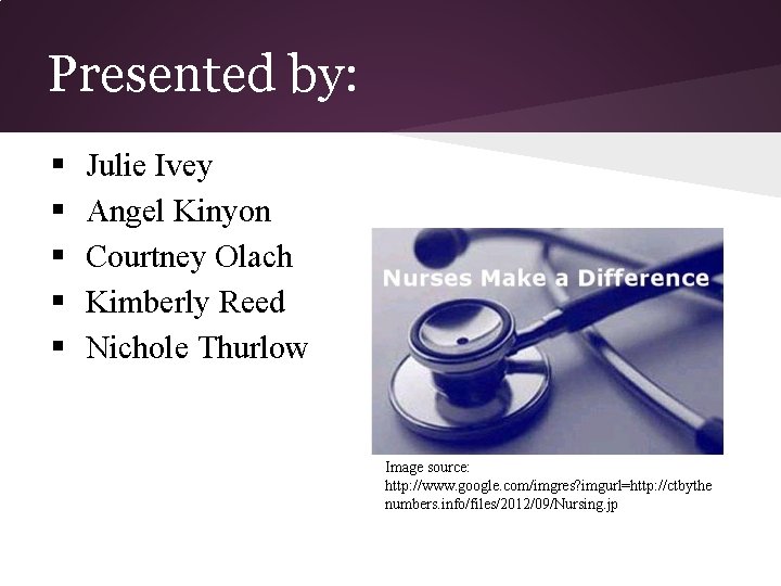 Presented by: § § § Julie Ivey Angel Kinyon Courtney Olach Kimberly Reed Nichole