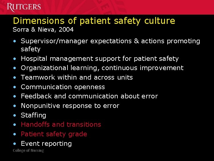Dimensions of patient safety culture Sorra & Nieva, 2004 • Supervisor/manager expectations & actions