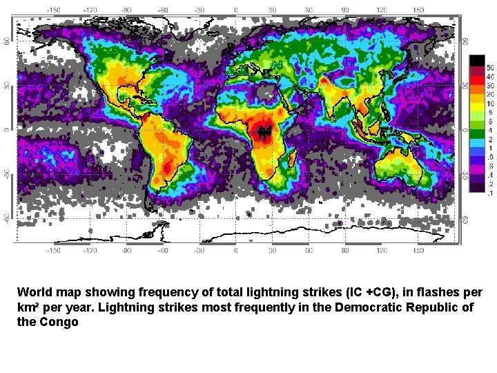 World map showing frequency of total lightning strikes (IC +CG), in flashes per km²