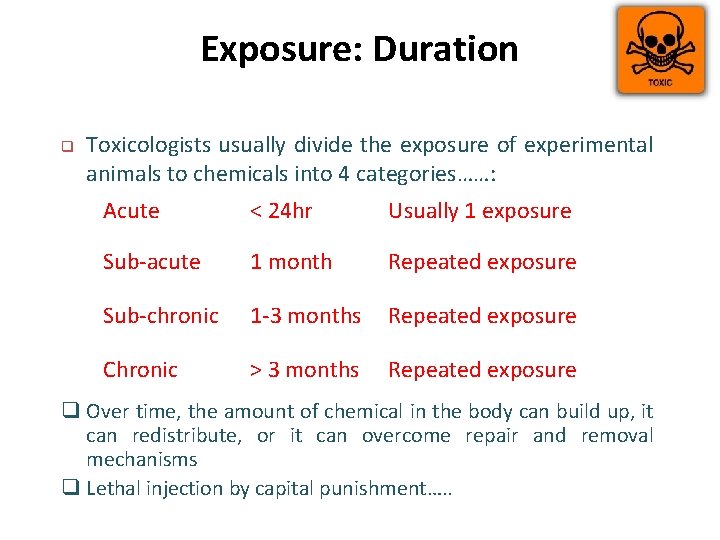 Exposure: Duration q Toxicologists usually divide the exposure of experimental animals to chemicals into