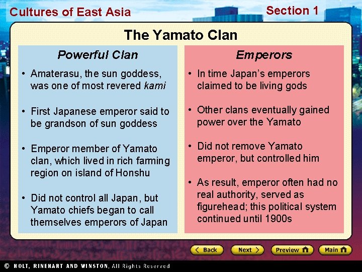 Section 1 Cultures of East Asia The Yamato Clan Powerful Clan Emperors • Amaterasu,