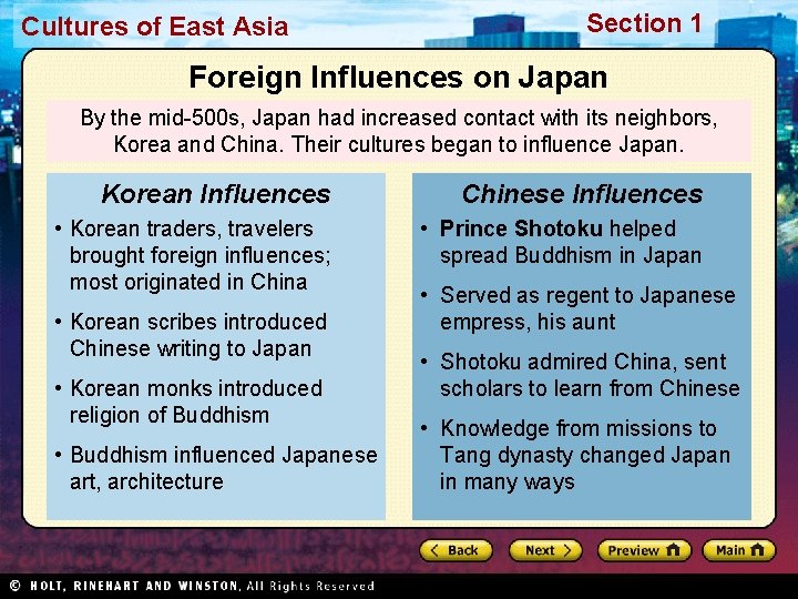 Cultures of East Asia Section 1 Foreign Influences on Japan By the mid-500 s,