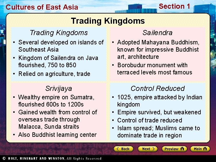 Section 1 Cultures of East Asia Trading Kingdoms Sailendra • Several developed on islands