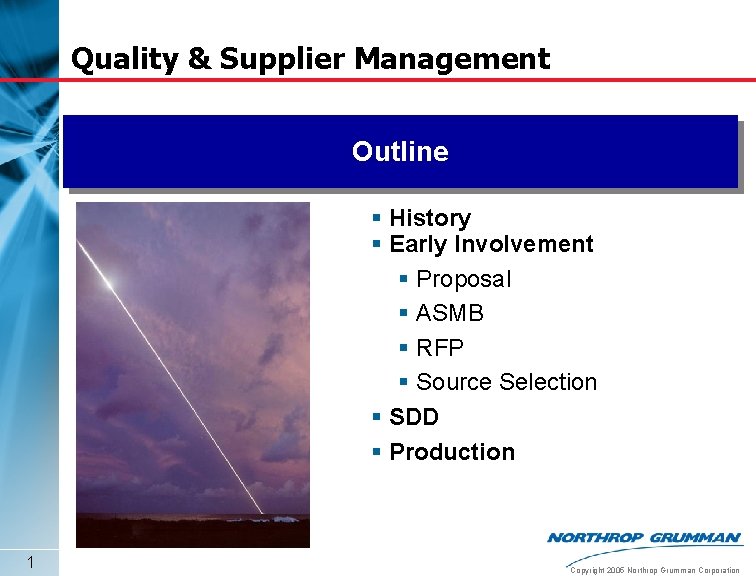 Quality & Supplier Management Outline § History § Early Involvement § Proposal § ASMB