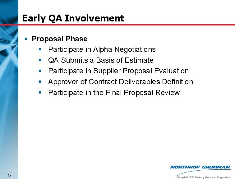 Early QA Involvement § Proposal Phase § Participate in Alpha Negotiations § QA Submits