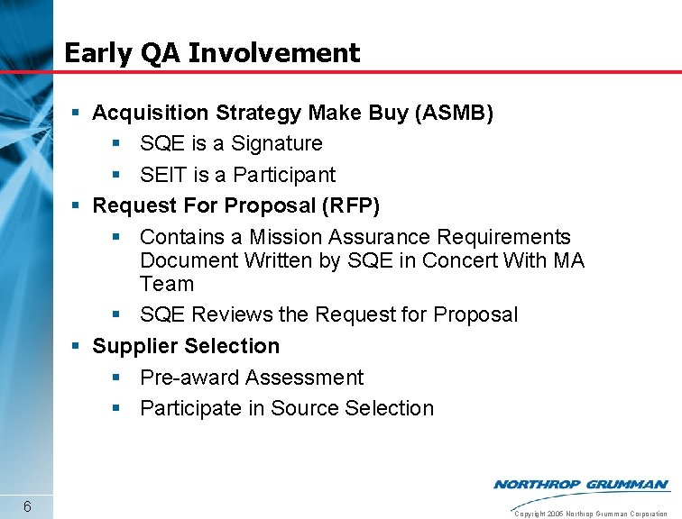 Early QA Involvement § Acquisition Strategy Make Buy (ASMB) § SQE is a Signature