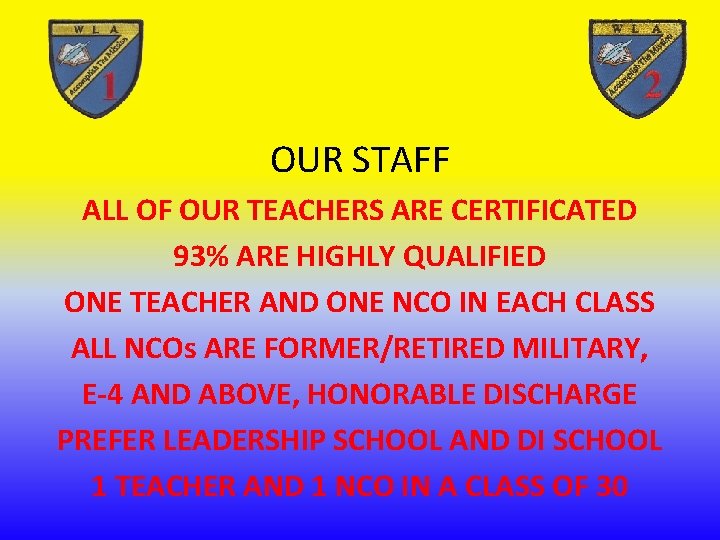 OUR STAFF ALL OF OUR TEACHERS ARE CERTIFICATED 93% ARE HIGHLY QUALIFIED ONE TEACHER