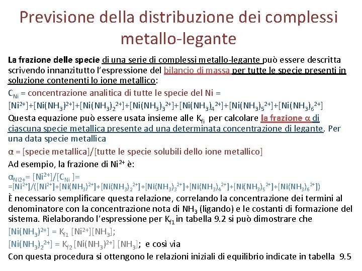 Previsione della distribuzione dei complessi metallo-legante La frazione delle specie di una serie di