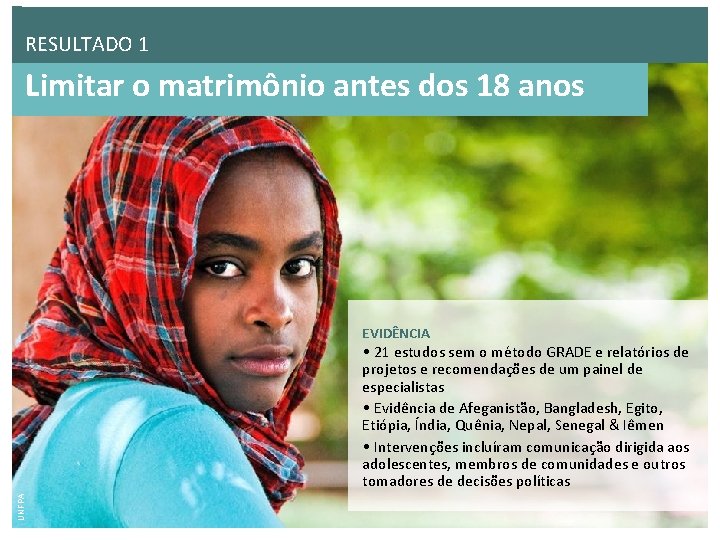 RESULTADO 1 Limitar o matrimônio antes dos 18 anos EVIDÊNCIA UNFPA • 21 estudos