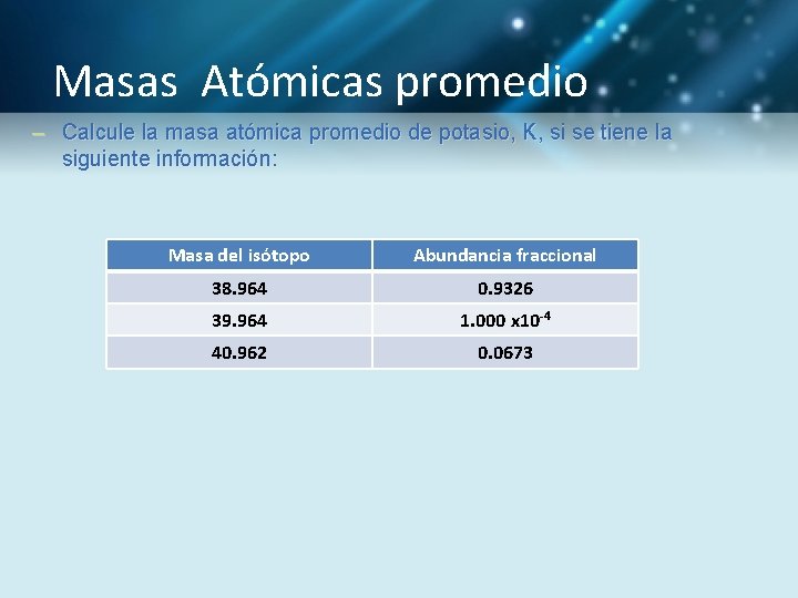 Masas Atómicas promedio – Calcule la masa atómica promedio de potasio, K, si se
