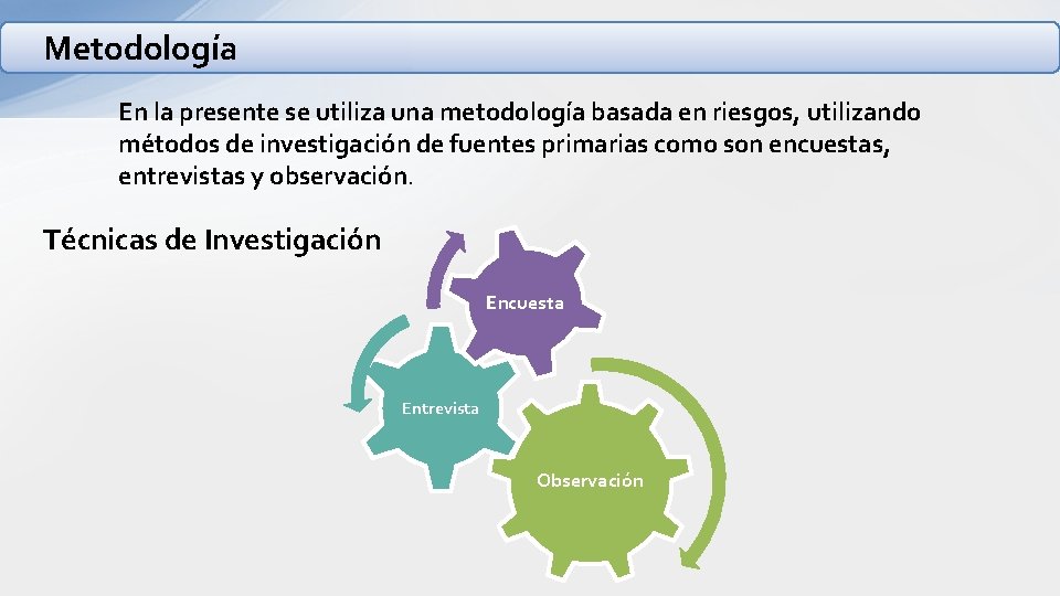Metodología En la presente se utiliza una metodología basada en riesgos, utilizando métodos de