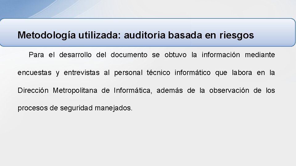 Metodología utilizada: auditoria basada en riesgos Para el desarrollo del documento se obtuvo la