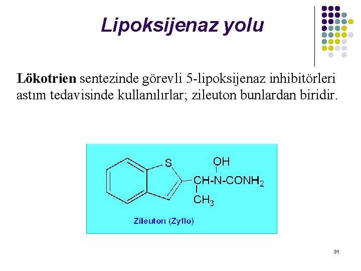 Lipoksijenaz yolu Lökotrien sentezinde görevli 5 -lipoksijenaz inhibitörleri astım tedavisinde kullanılırlar; zileuton bunlardan biridir.