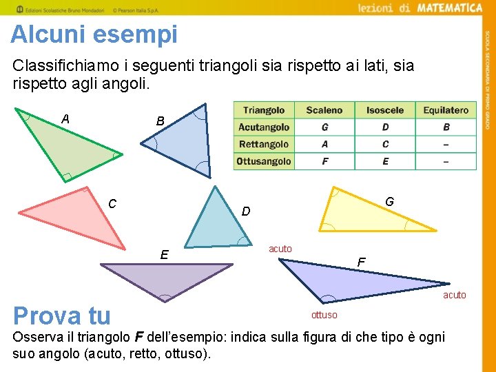 Alcuni esempi Classifichiamo i seguenti triangoli sia rispetto ai lati, sia rispetto agli angoli.