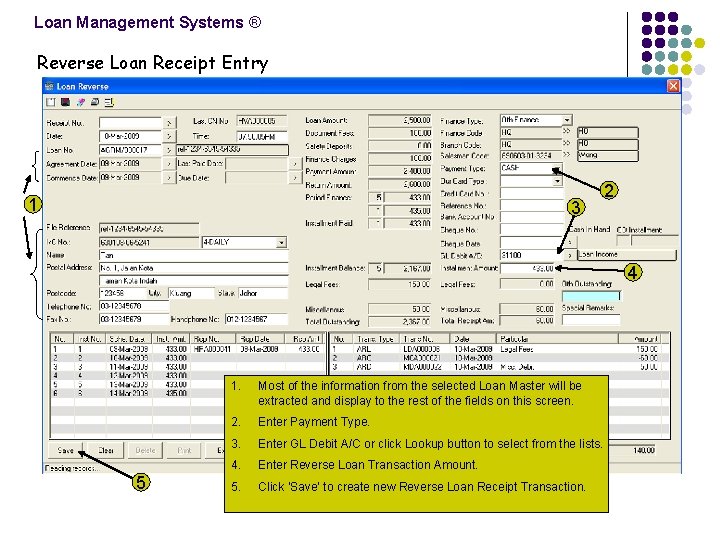 Loan Management Systems ® Reverse Loan Receipt Entry 1 3 2 4 5 1.