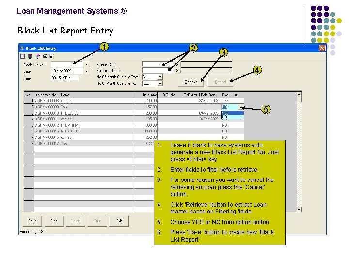 Loan Management Systems ® Black List Report Entry 1 2 3 4 5 1.