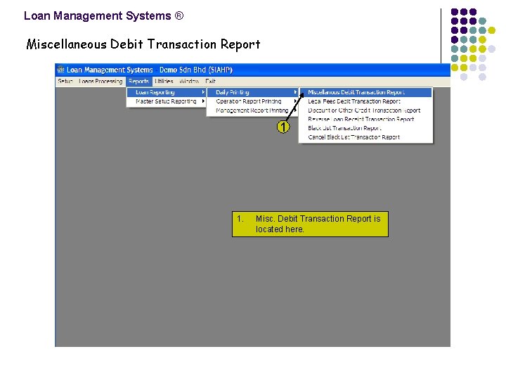 Loan Management Systems ® Miscellaneous Debit Transaction Report 1 1. Misc. Debit Transaction Report