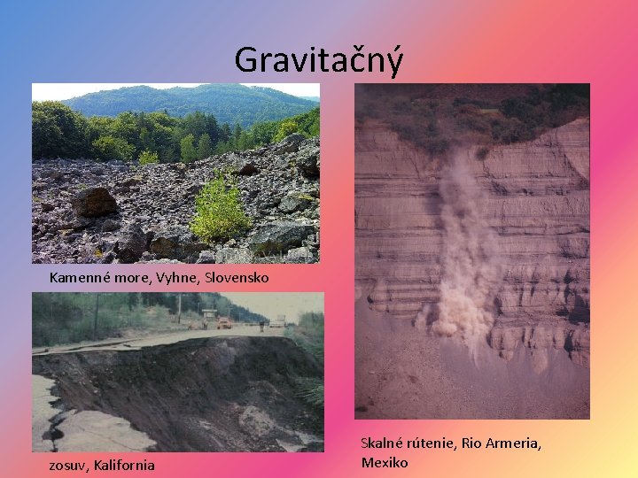 Gravitačný Kamenné more, Vyhne, Slovensko zosuv, Kalifornia Skalné rútenie, Rio Armeria, Mexiko 