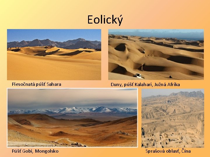 Eolický Piesočnatá púšť Sahara Púšť Gobi, Mongolsko Duny, púšť Kalahari, Južná Afrika Sprašová oblasť,