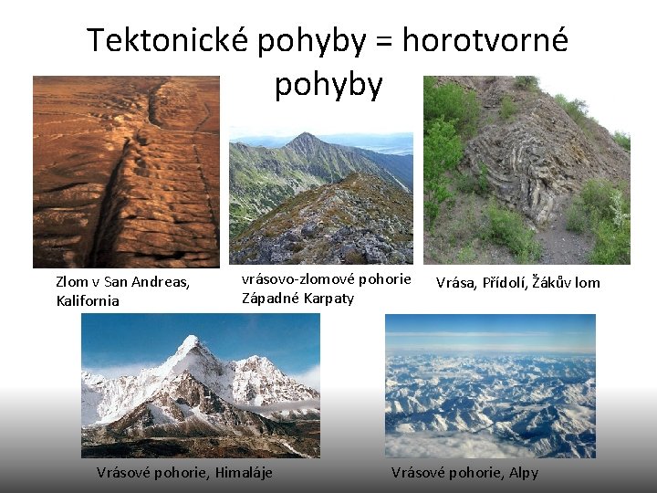 Tektonické pohyby = horotvorné pohyby Zlom v San Andreas, Kalifornia vrásovo-zlomové pohorie Západné Karpaty