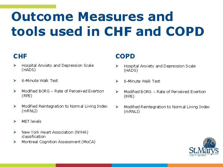 Outcome Measures and tools used in CHF and COPD CHF COPD Ø Hospital Anxiety