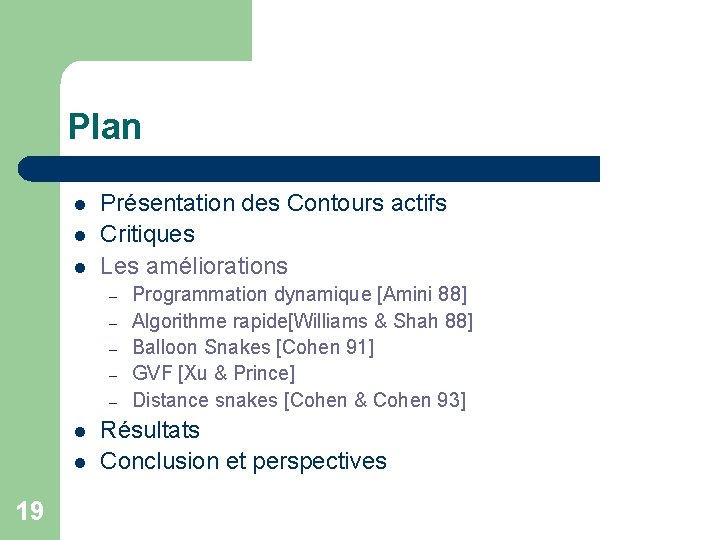 Plan l l l Présentation des Contours actifs Critiques Les améliorations – – –