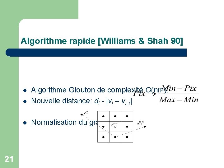 Algorithme rapide [Williams & Shah 90] l Algorithme Glouton de complexité O(nm). Nouvelle distance: