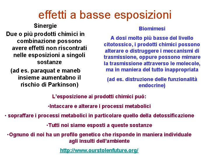effetti a basse esposizioni Sinergie Due o più prodotti chimici in combinazione possono avere